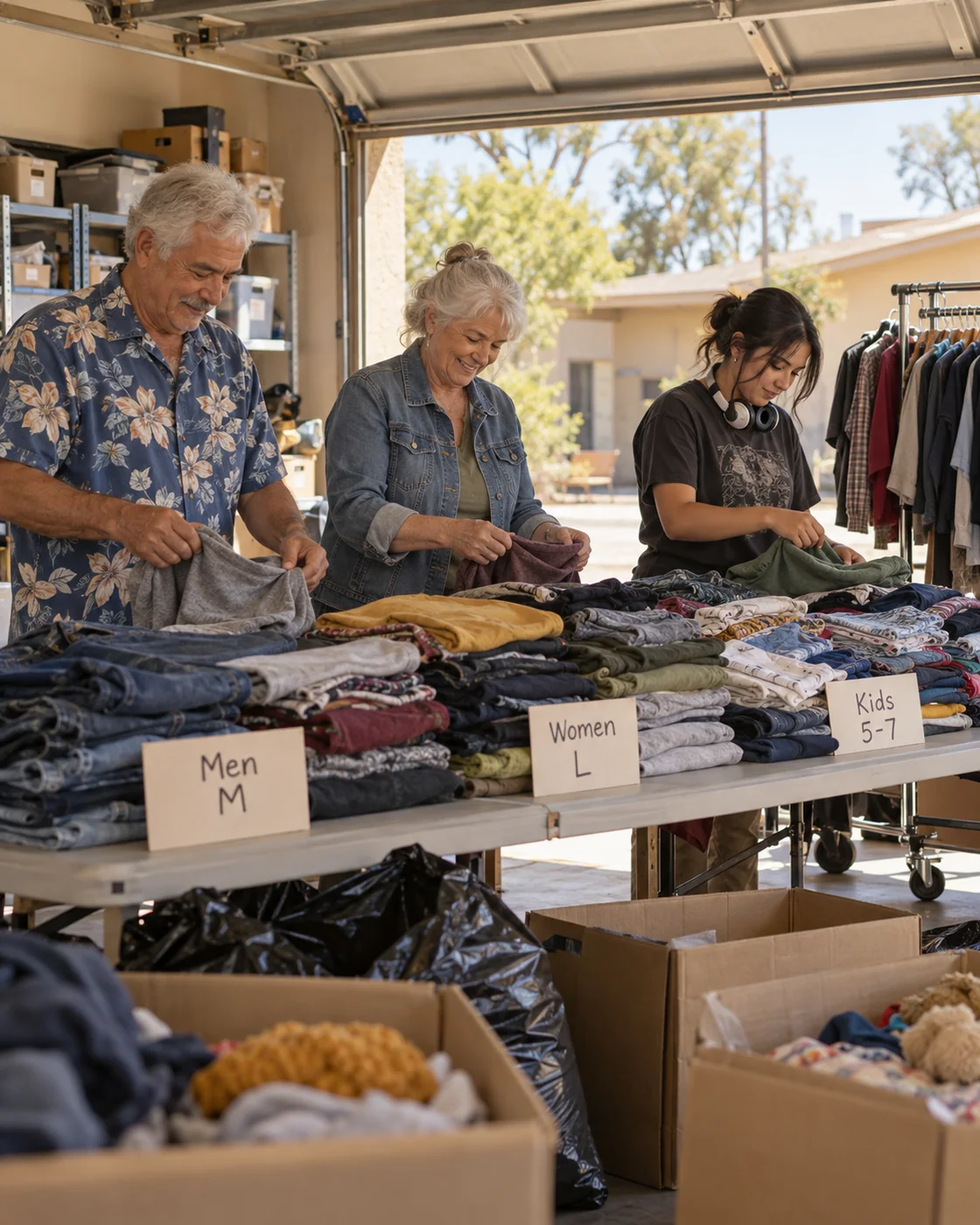 Volunteers sorting donated clothing